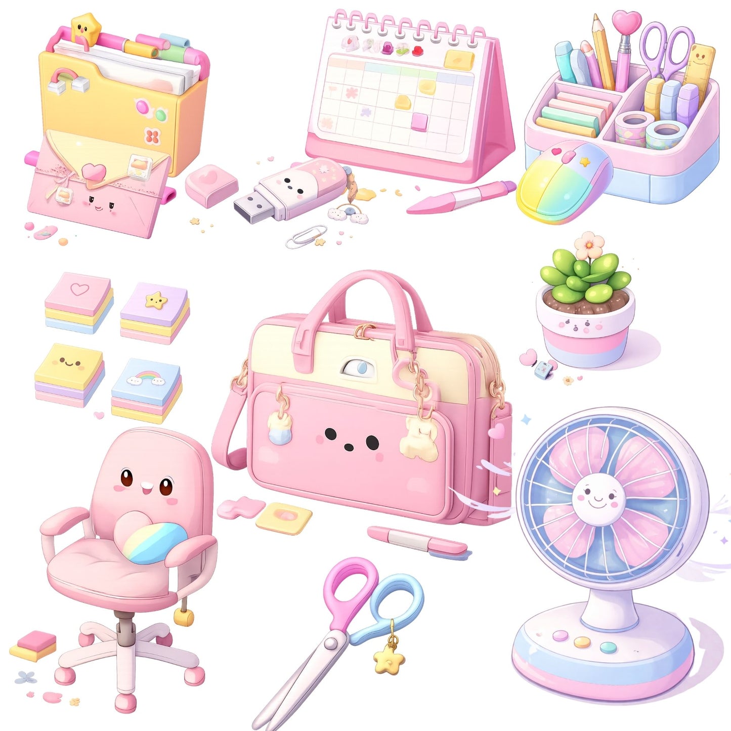 Pastel Office Clipart Bundle – 3D Kawaii Desk & Planner PNGs (58 Files) – Cute Productivity Tools, Digital Planner Graphics, Small Business Branding