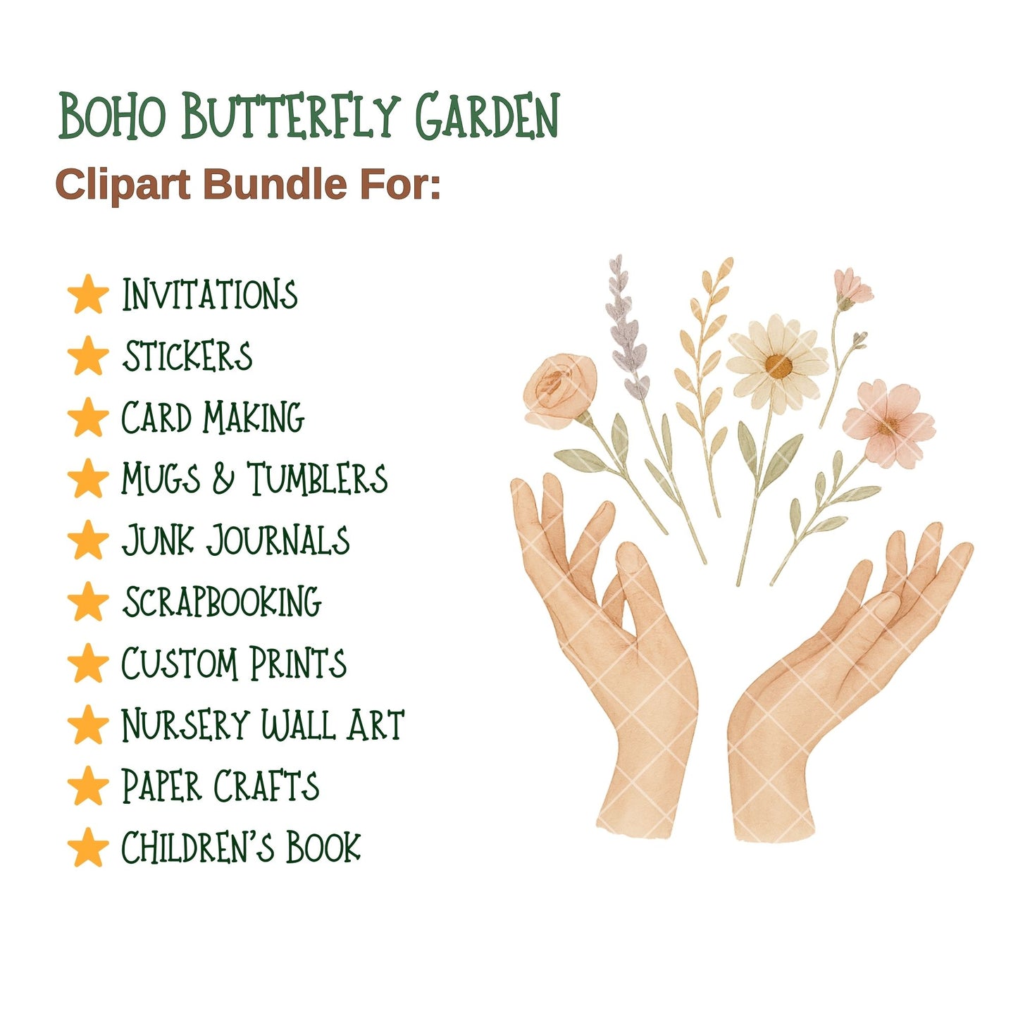 Boho Butterfly Watercolor Clipart PNG | Bohemian Garden Florals | Spiritual Boho Art | Butterfly PNG Bundle | Commercial Use