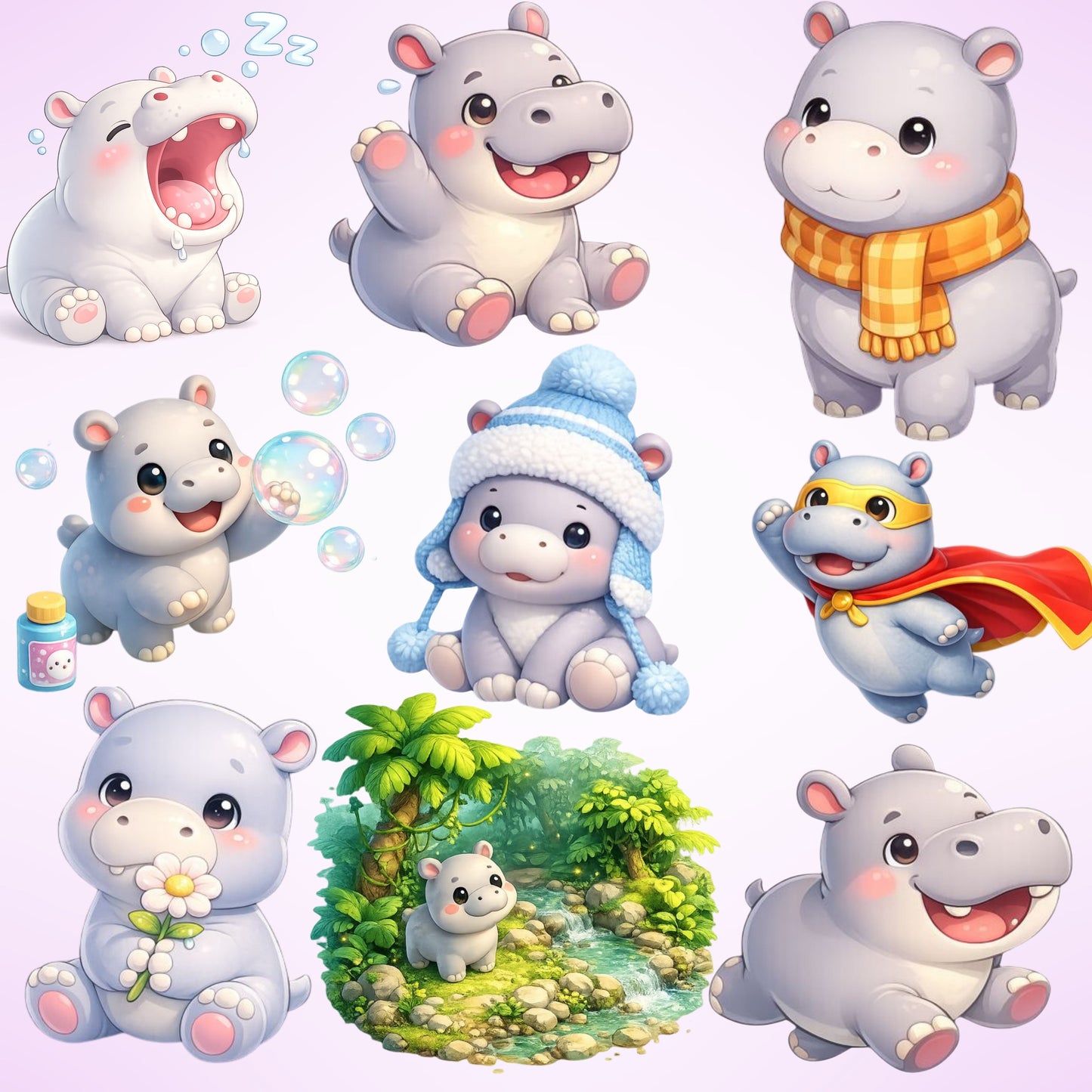 Hippo 3D Clipart PNG Bundle – 44 Cute Jungle & Safari Baby Hippo Graphics for Nursery & Kids Crafts