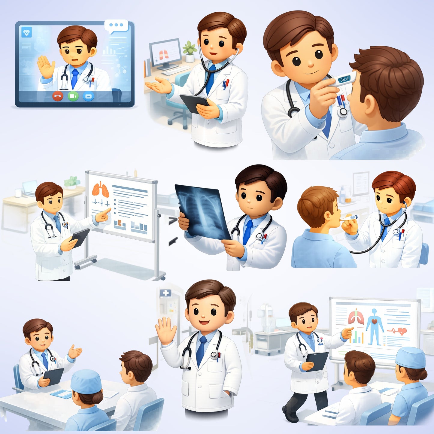 Doctor 3D Clipart Bundle – Medical & Healthcare Scenes PNG, Telehealth, Exams & Hospital Graphics, Educational Cartoon Art, 54 PNG