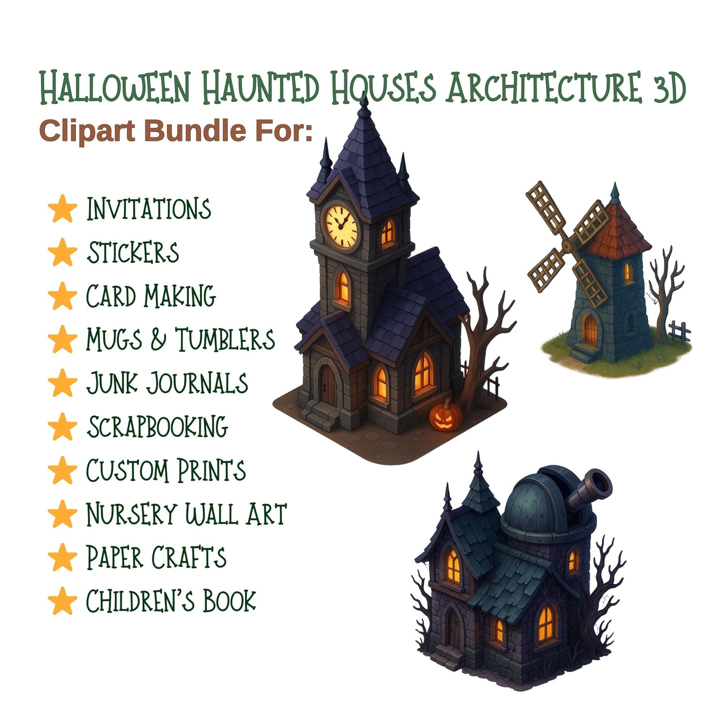Halloween Haunted House 3D Clipart – Gothic Architecture PNG, Spooky Mansions, Graveyard & Dark Fantasy Decor (50 PNG)