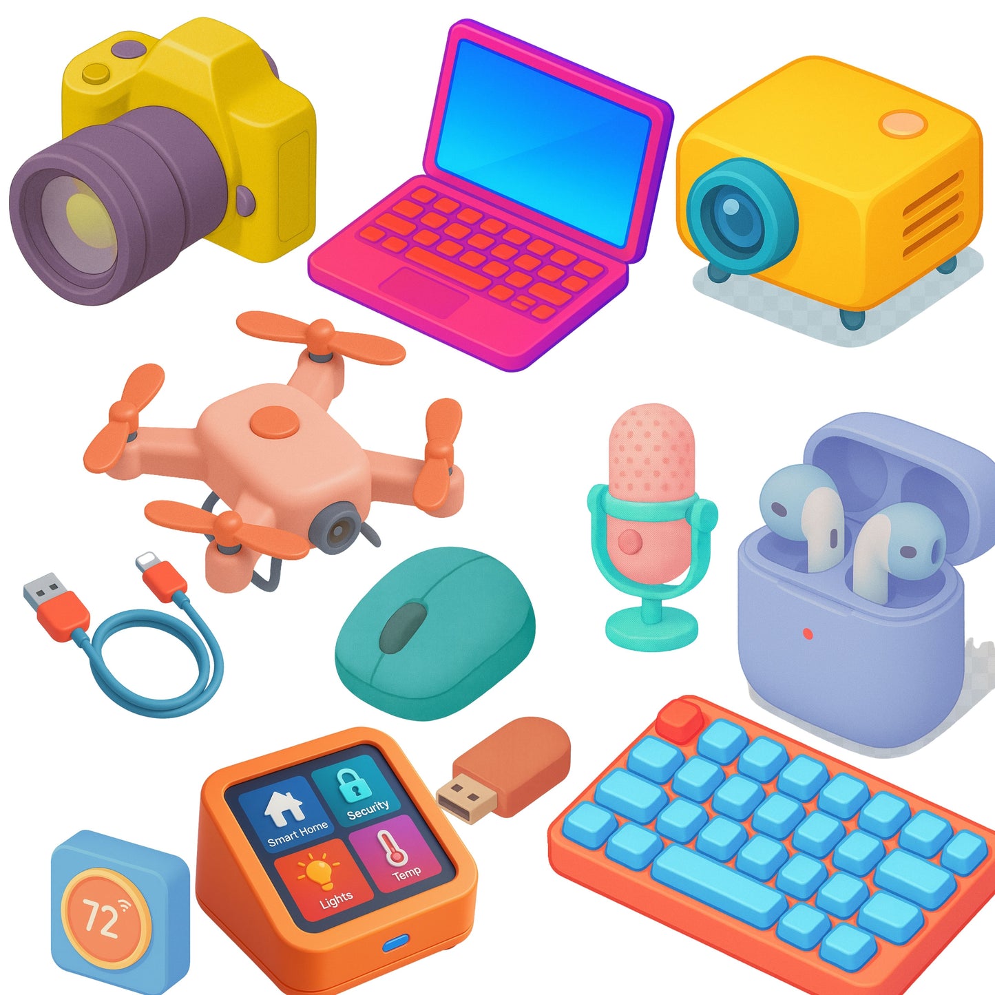 Tech Gadgets 3D Isometric Clipart PNG Bundle – 55 Smart Device, Drone & Keyboard Graphics