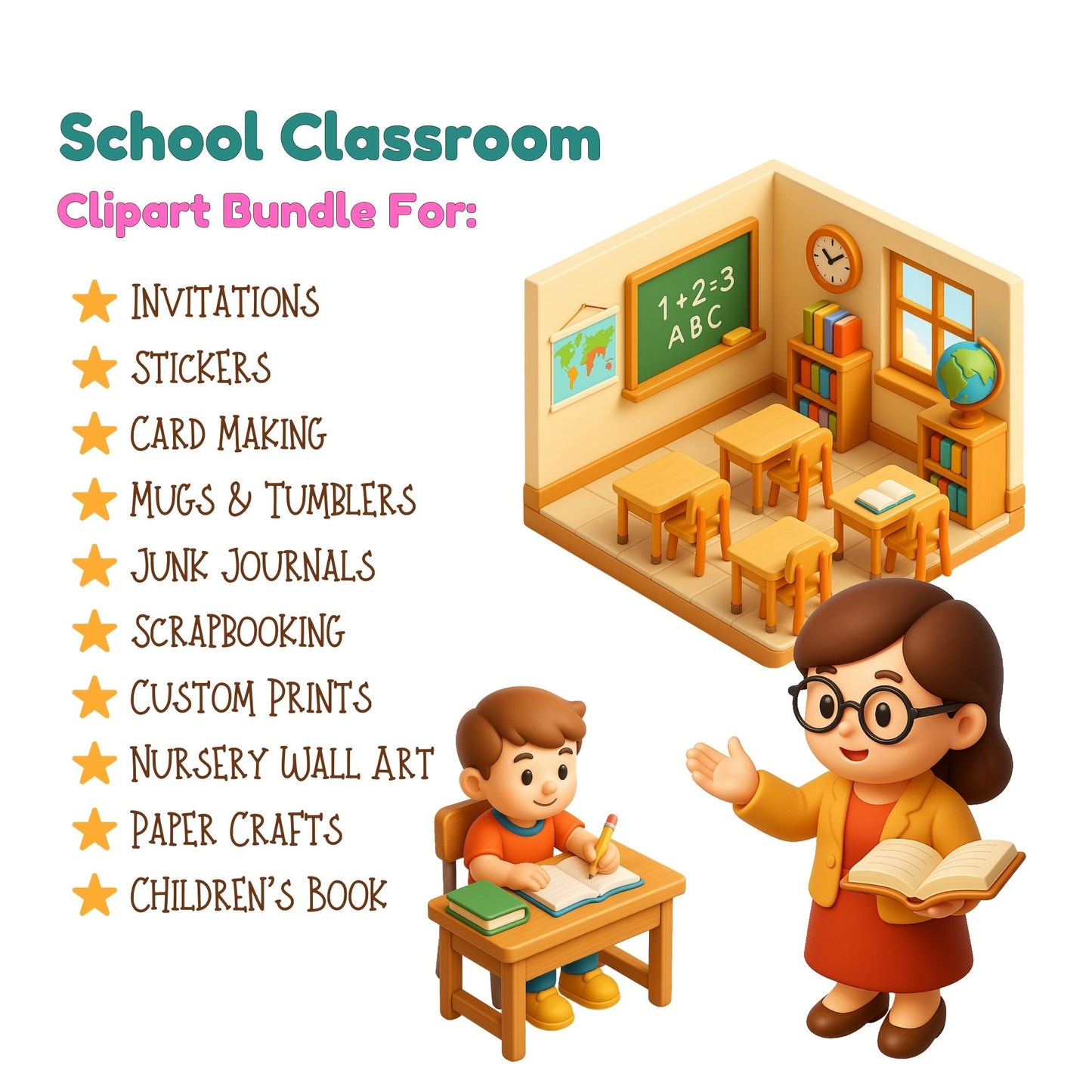 School Classroom Clipart – Teacher & Student PNG Illustrations, Educational School Graphics Bundle (64 Files)