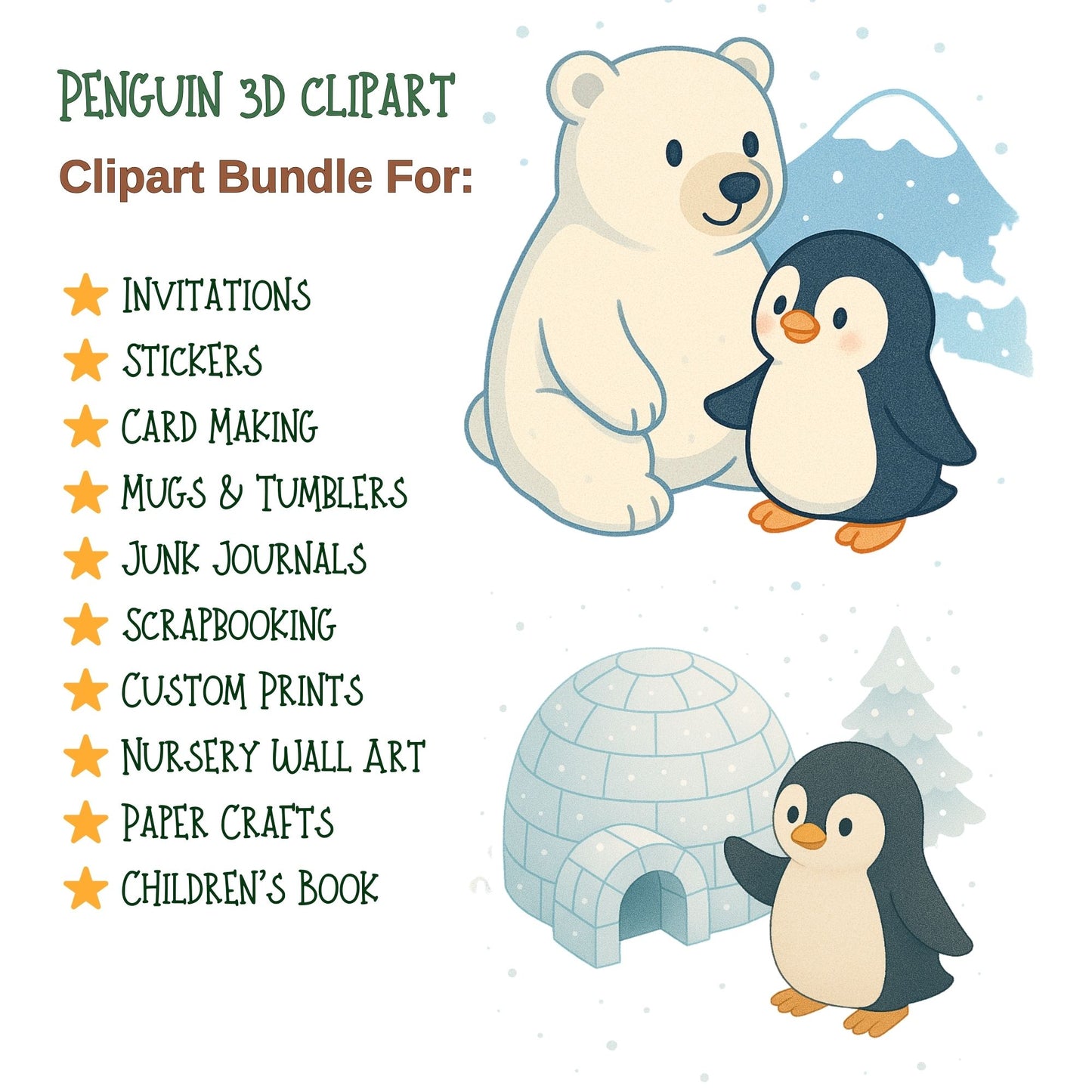 Penguin Winter Clipart PNG – Cute 3D Penguins, Christmas & Snow Scenes, Kids Holiday Graphics (50 PNG)