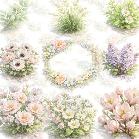 Spring Watercolor Floral Clipart – Pastel Magnolia & Rose PNG Bundle (55 Files) – Wedding, Easter & Bridal Shower Graphics