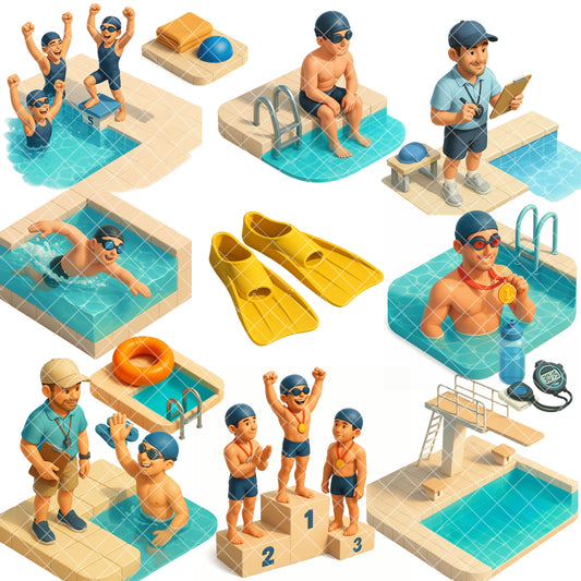 Swimming Pool Sports Clipart, Swim Team PNG Bundle, 3D Isometric Swimmers, Coaches & Gear, Summer Sports Graphics