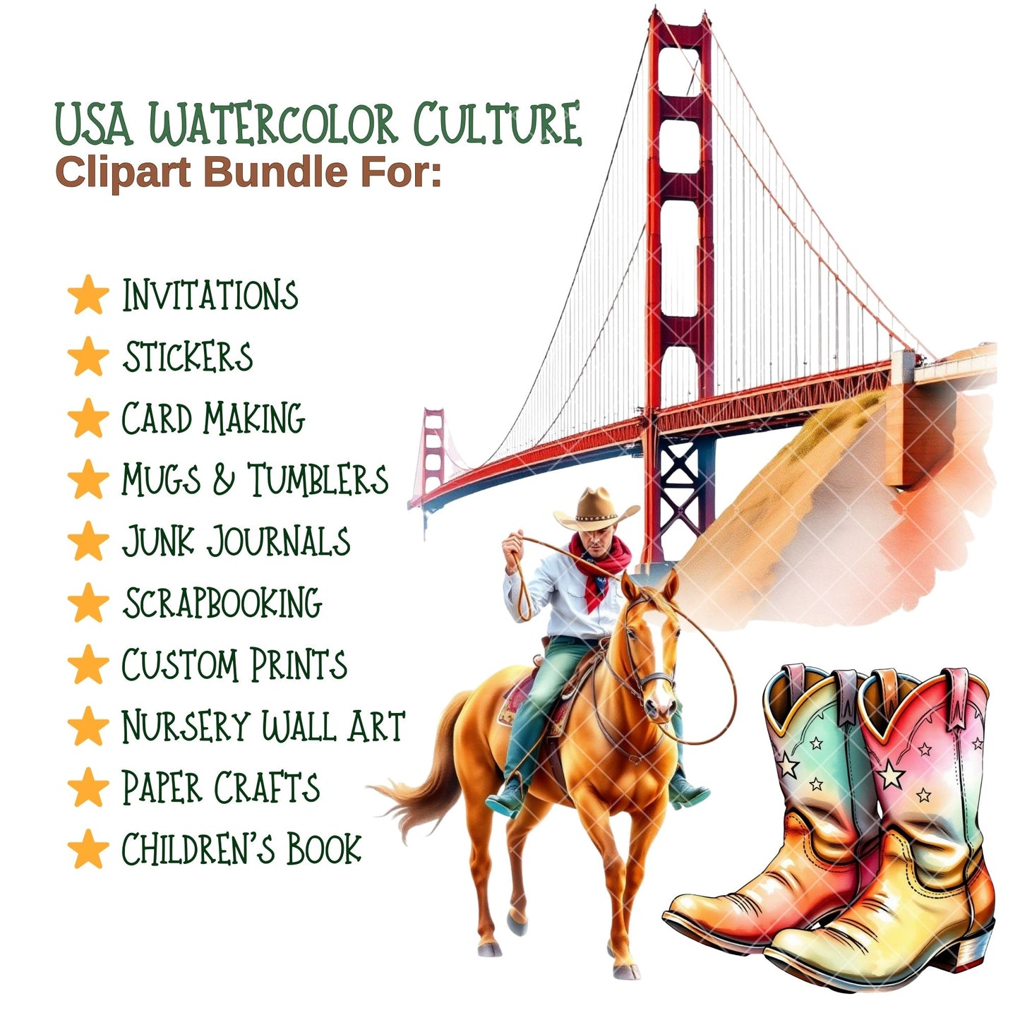 USA Watercolor Clipart PNG | Patriotic American Icons | Fourth of July Clipart | USA Culture Art | Commercial Use