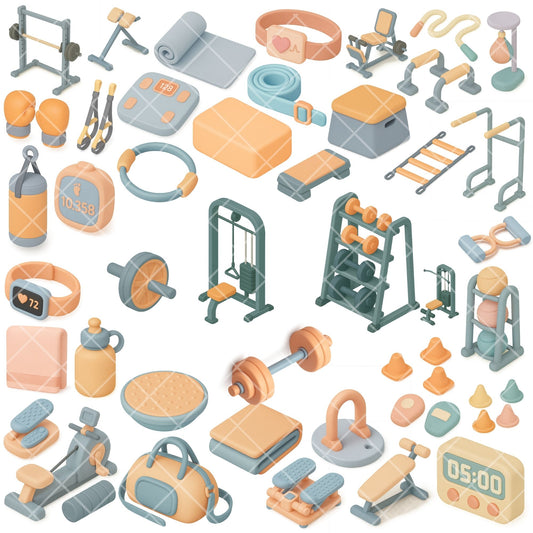 3D Fitness Clipart Bundle, Health Workout PNG, Isometric Gym Equipment, Fitness Planner Graphics