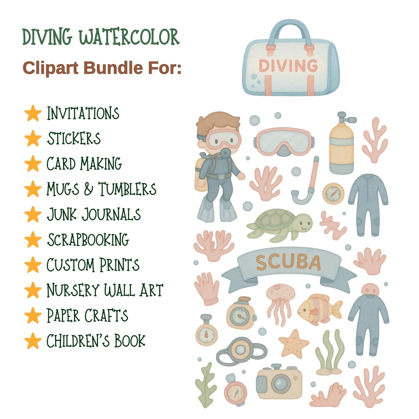 Watercolor Scuba Diving Clipart PNG – Underwater Ocean Adventure (50 PNG Files)