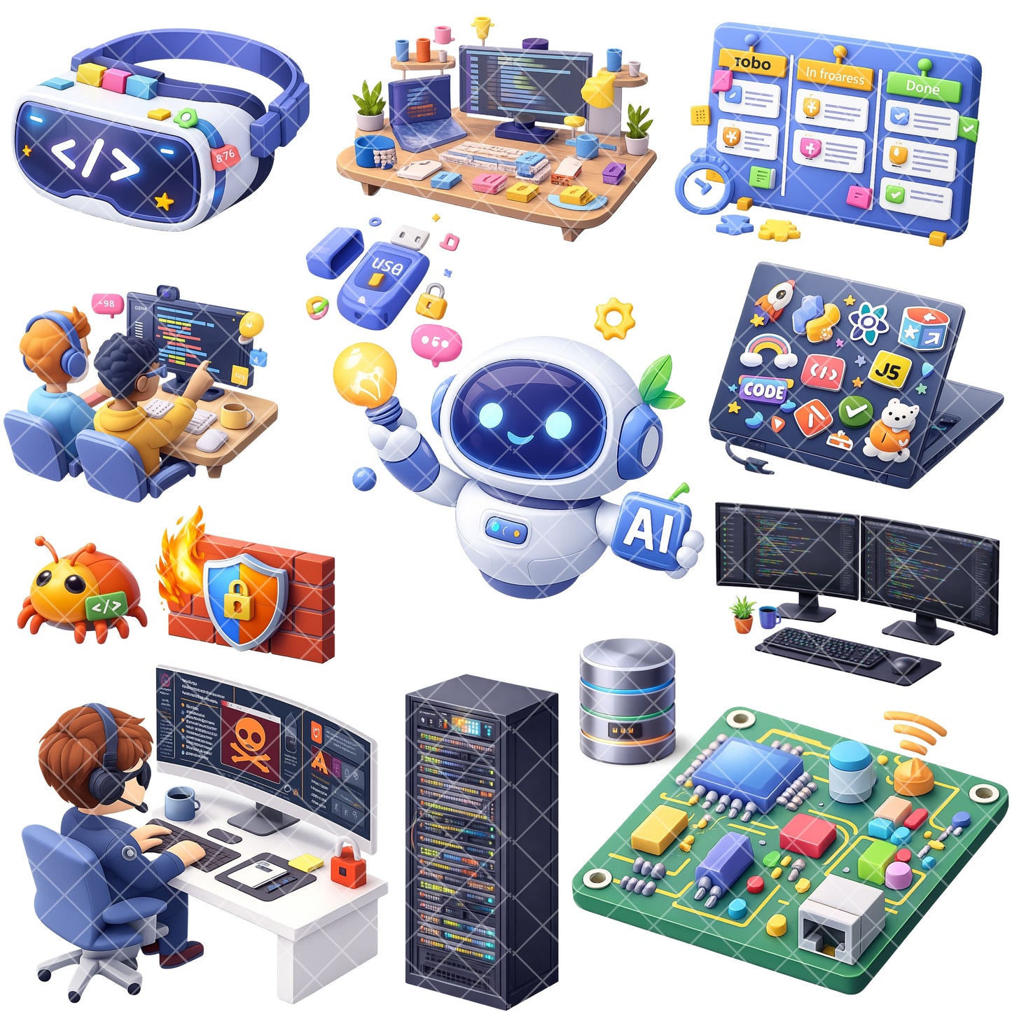 IT Programmer Clipart Bundle, Coding PNG Files, Developer & AI Graphics, Tech Icons, Commercial Use Digital Download, 48 PNG