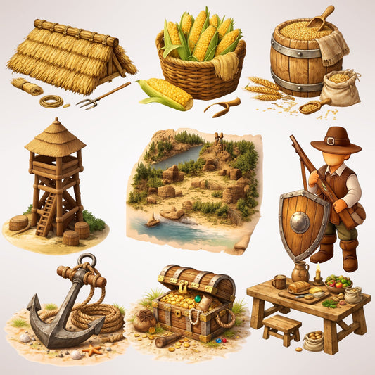 Jamestown Settlement Clipart – 50 Colonial America PNG Files – Pilgrim Village, Fort & Early Colony Graphics