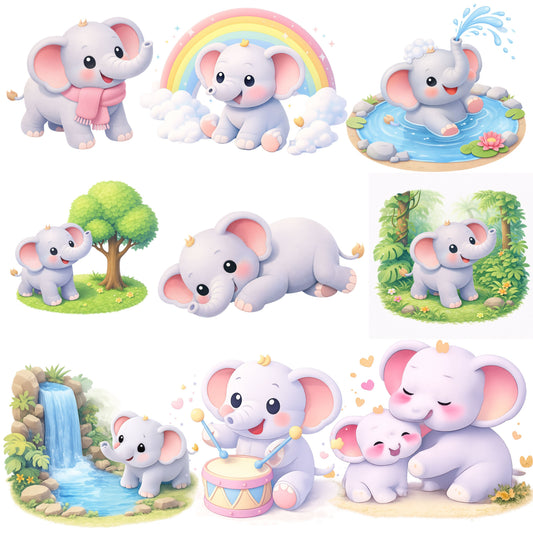 Cute Elephant Clipart PNG Bundle – 50 Baby Elephant 3D Isometric Graphics for Nursery Decor & Sublimation