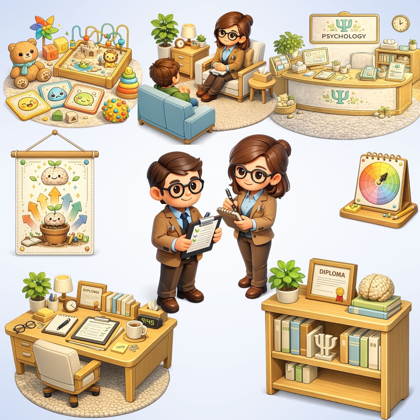 Counselor Psychologist 3D Clipart PNG Bundle – 44 Mental Health & Therapy Office Graphics