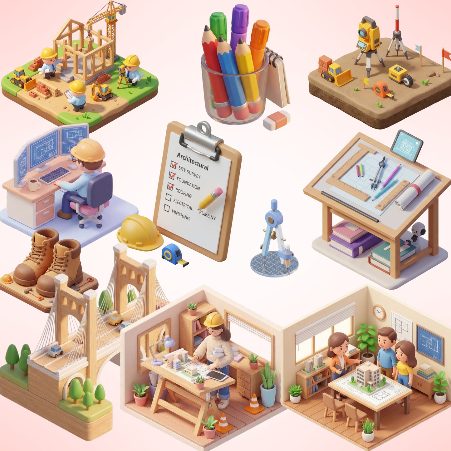 Architect Isometric Clipart Bundle | Construction 3D PNG Graphics | Architecture Tools, Blueprint, Engineer Clipart | STEM Education Design