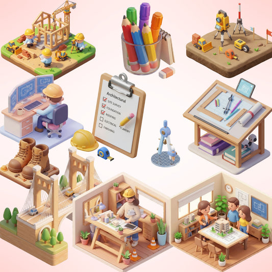 Architect Isometric Clipart Bundle | Construction 3D PNG Graphics | Architecture Tools, Blueprint, Engineer Clipart | STEM Education Design