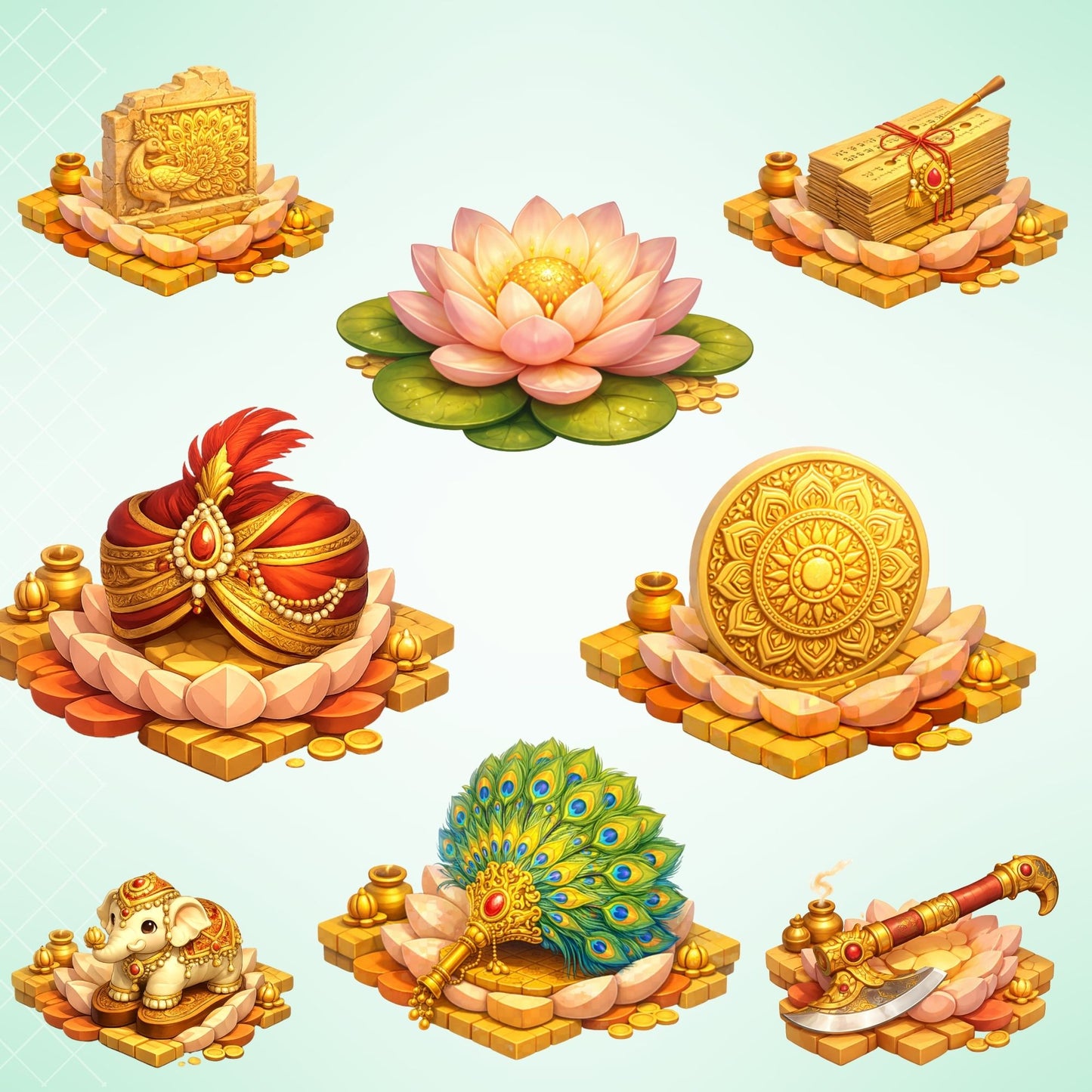 Ancient India Clipart – 56 Cultural PNG Files – Mandala, Peacock & Indian Heritage 3D Graphics