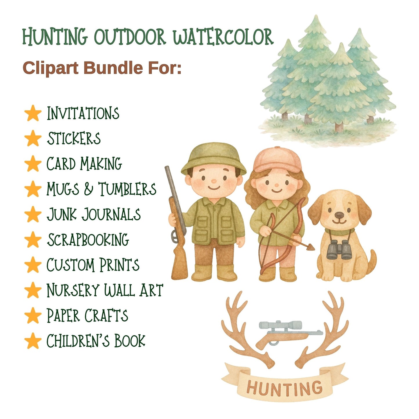 Hunting Watercolor Clipart PNG – Outdoor Adventure, Camping Gear & Forest Animals (50 PNG)