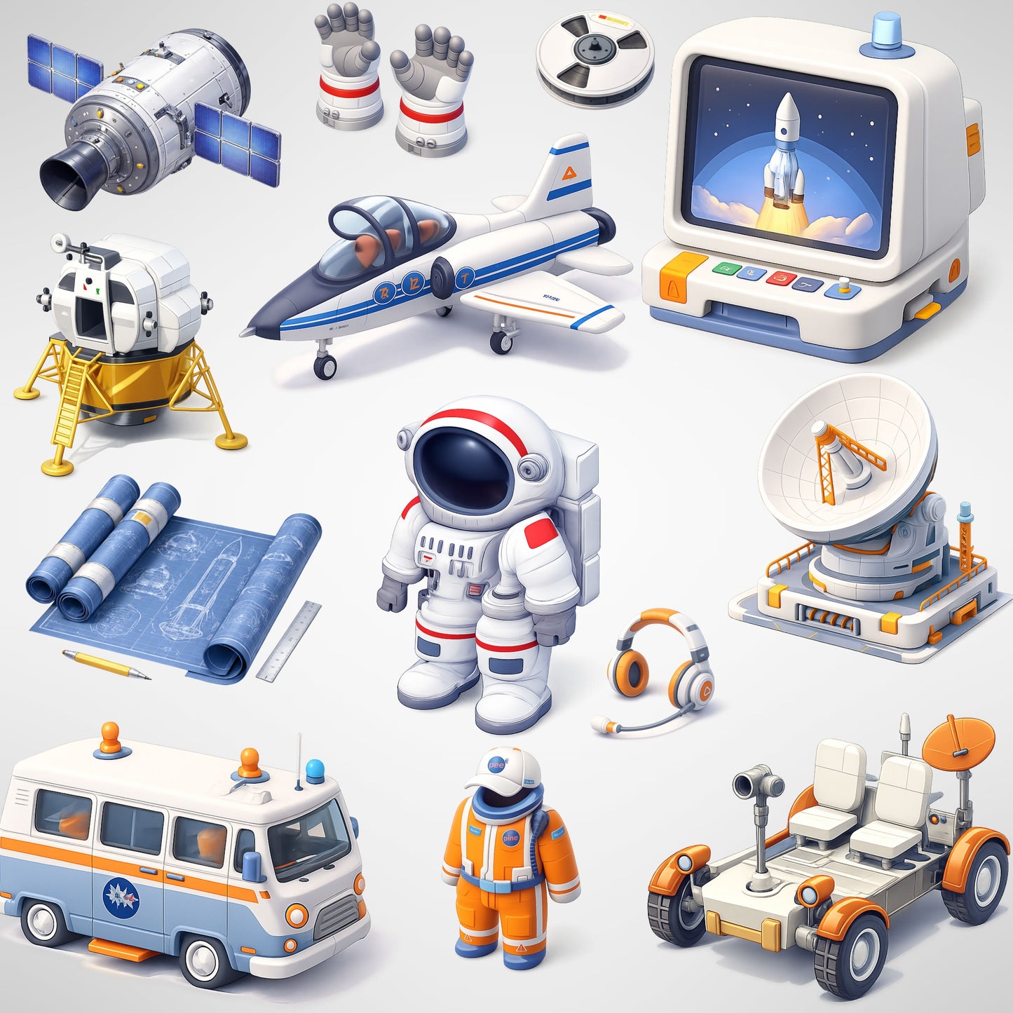 Space Race Clipart Bundle – 3D Astronaut & Rocket PNG, NASA Space Graphics, STEM Classroom Art, Satellites & Moon Lander, 53 PNG