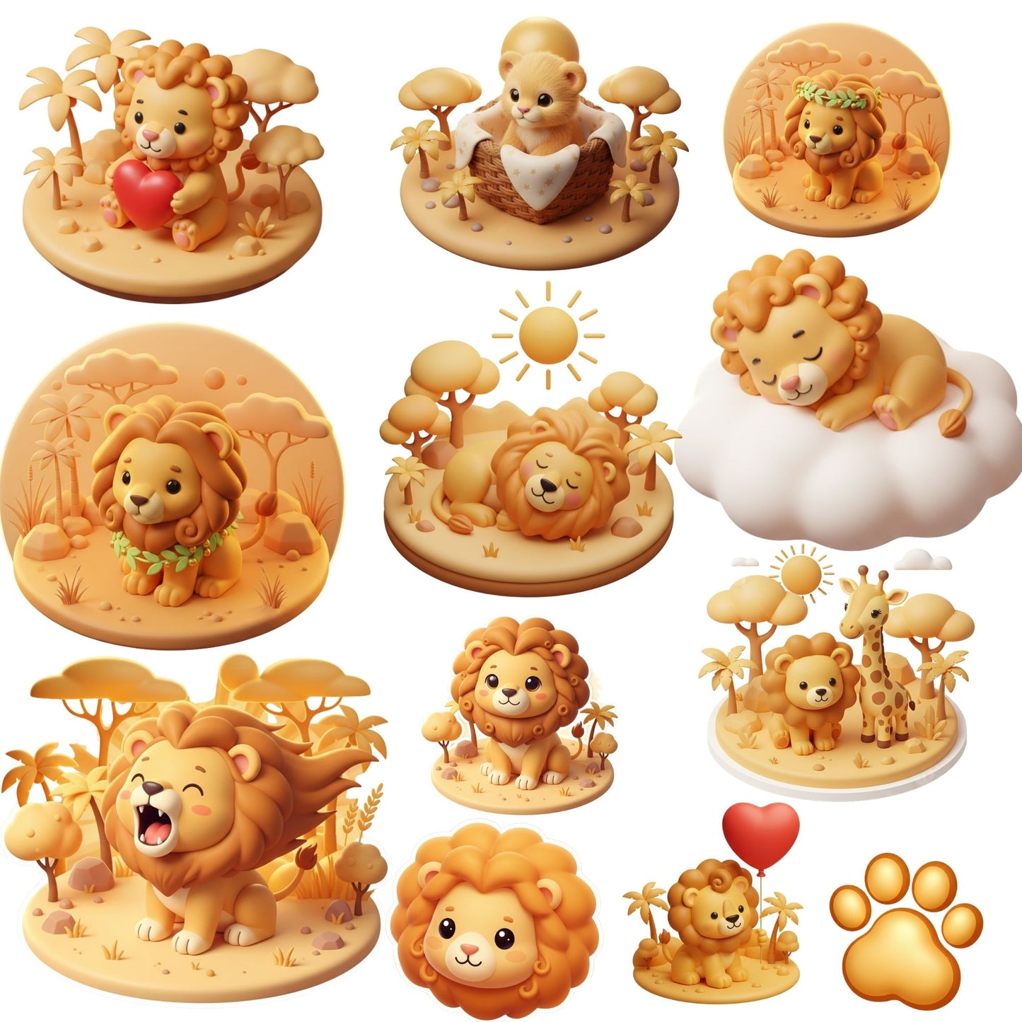 3D Safari Animal Clipart – Cute Lion PNG Bundle | Nursery Art, Baby Shower, Jungle Animals (50 Files)