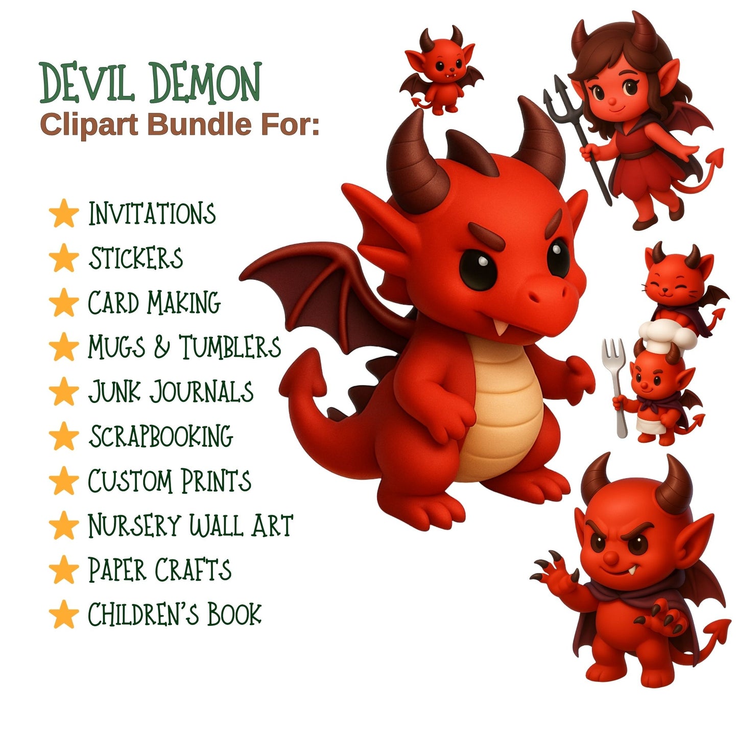 Cute Devil Demon 3D Clipart – Kawaii Halloween Demon PNG Bundle (50 Files)