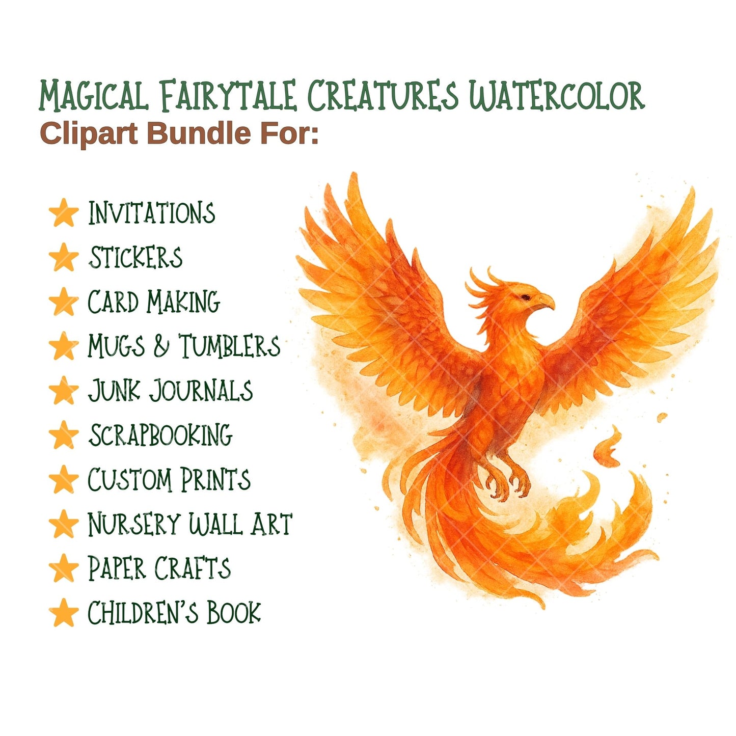 Fairytale Watercolor Clipart PNG | Magical Creatures Fantasy Set | Unicorn Mermaid Fairy Dragon Art | Kids Crafts | Commercial Use