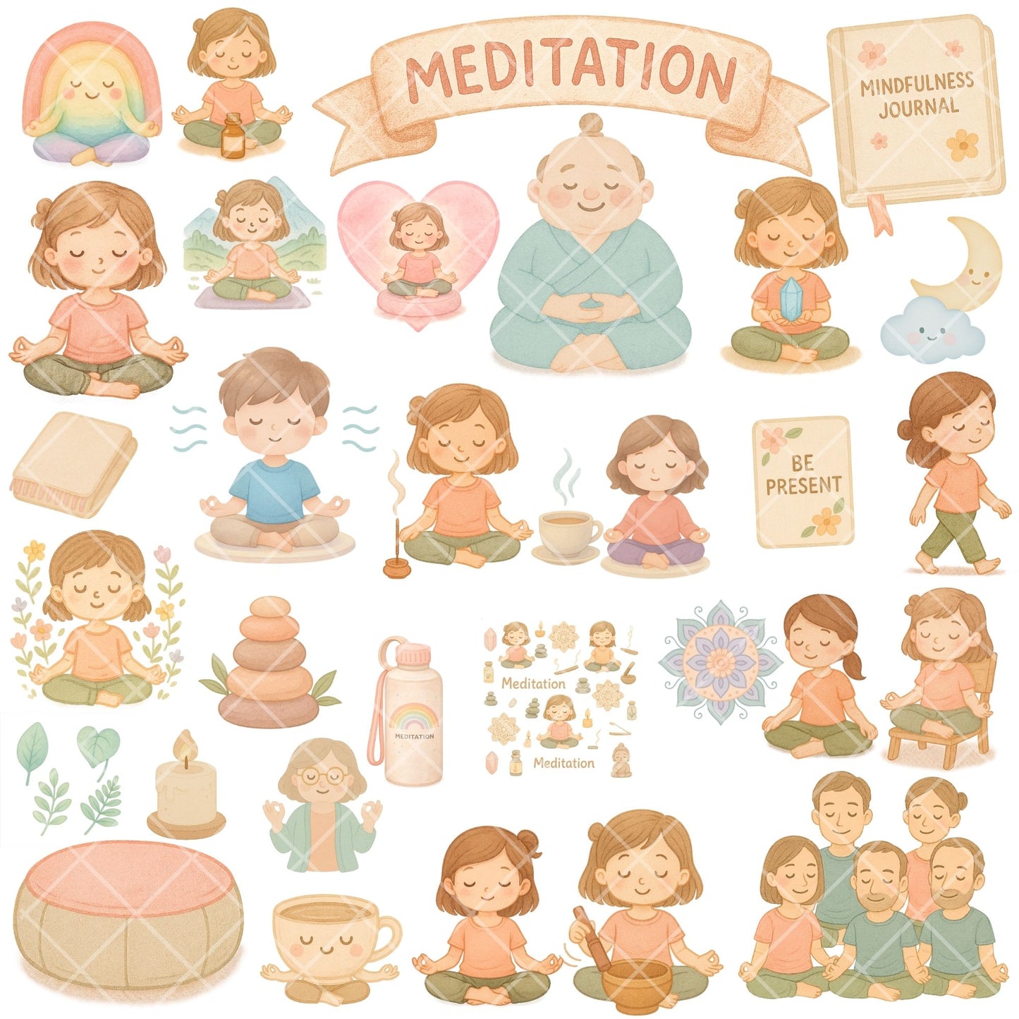 Meditation Watercolor Clipart, Mindfulness PNG Bundle, Yoga & Wellness Art, Calm Aesthetic Illustrations