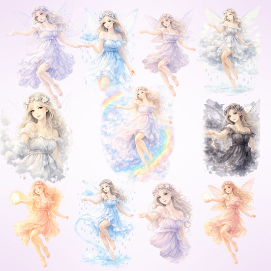 Fairy Weather Clipart – Watercolor Fairy PNG Bundle (48 Files) – Magical Fantasy Art, Rain Sun Snow Rainbow Graphics