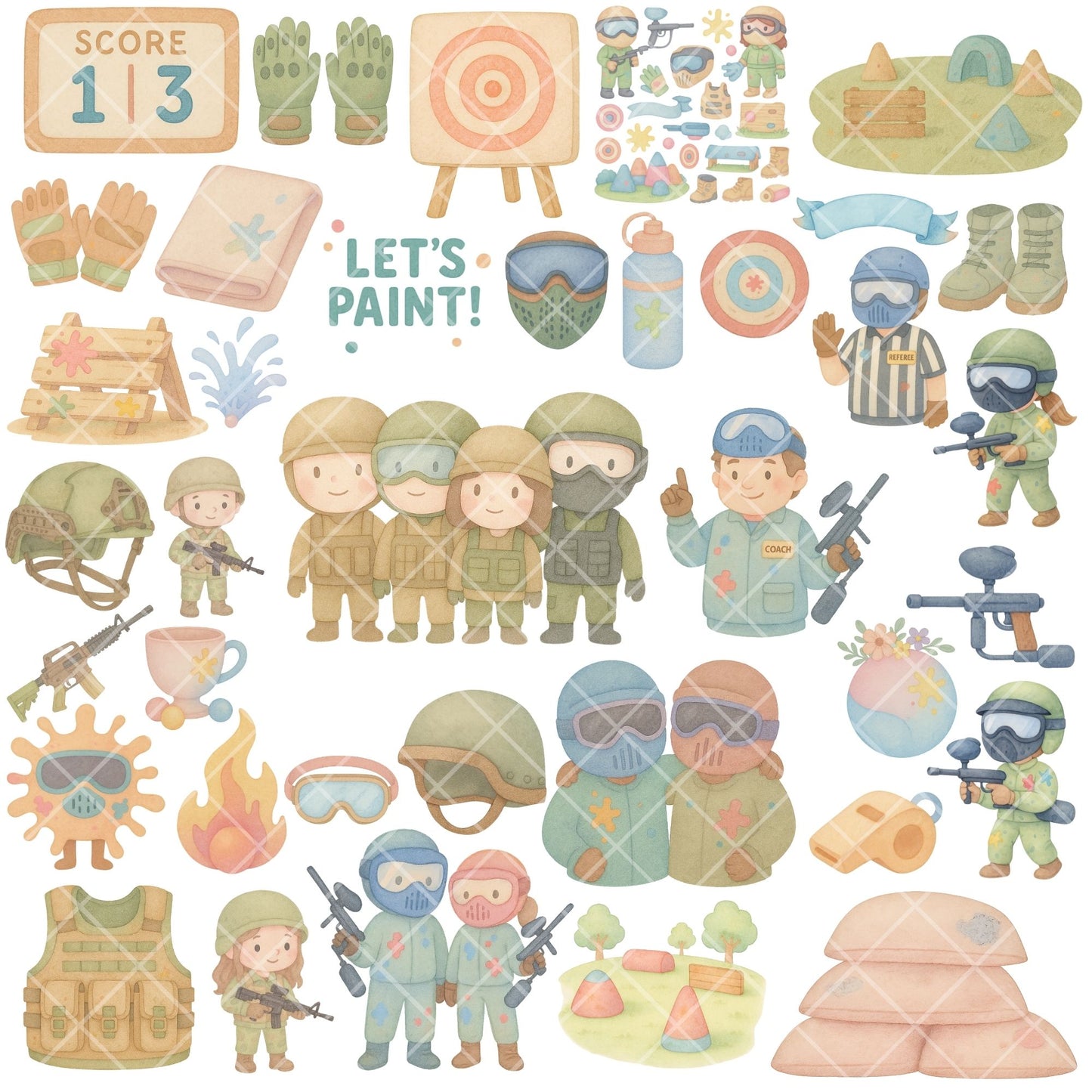 Paintball Watercolor Clipart, Kids Paintball PNG Bundle, Sports Party Graphics, Paintball Players & Gear