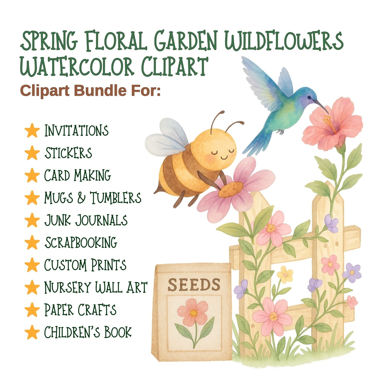 Spring Garden Clipart Watercolor – Wildflowers & Butterflies PNG | Floral Garden, Spring Flowers, Nature Clipart (56 Files)