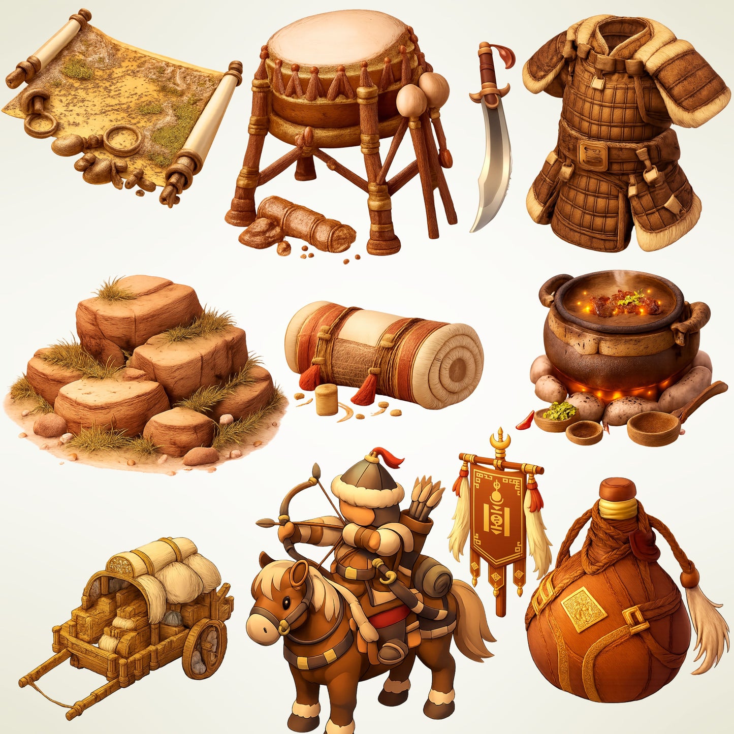 Mongol Empire Clipart Bundle – Warriors, Horses & Nomadic Life PNG, Ancient History Classroom Graphics, Educational 3D Art, 52 PNG