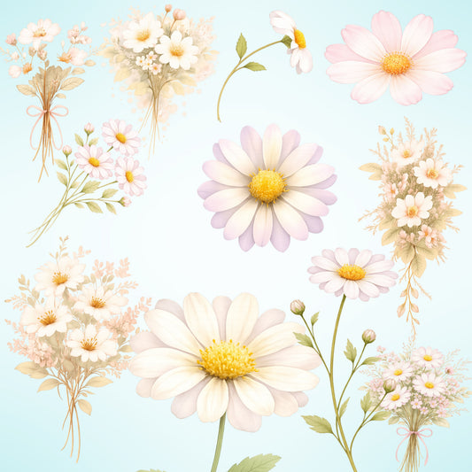 Daisy Watercolor Clipart – White & Pink Floral PNG Bundle (55 Files) – Cottagecore Spring Flowers for Baby Shower & Sublimation