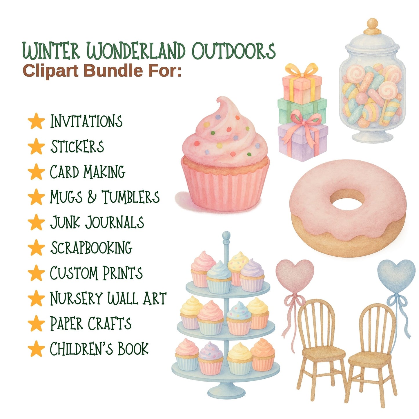 Watercolor Birthday Clipart Bundle, Kids Party PNG Files, Balloons Cake Gifts Cupcakes, Birthday Decorations Set (55 PNG)