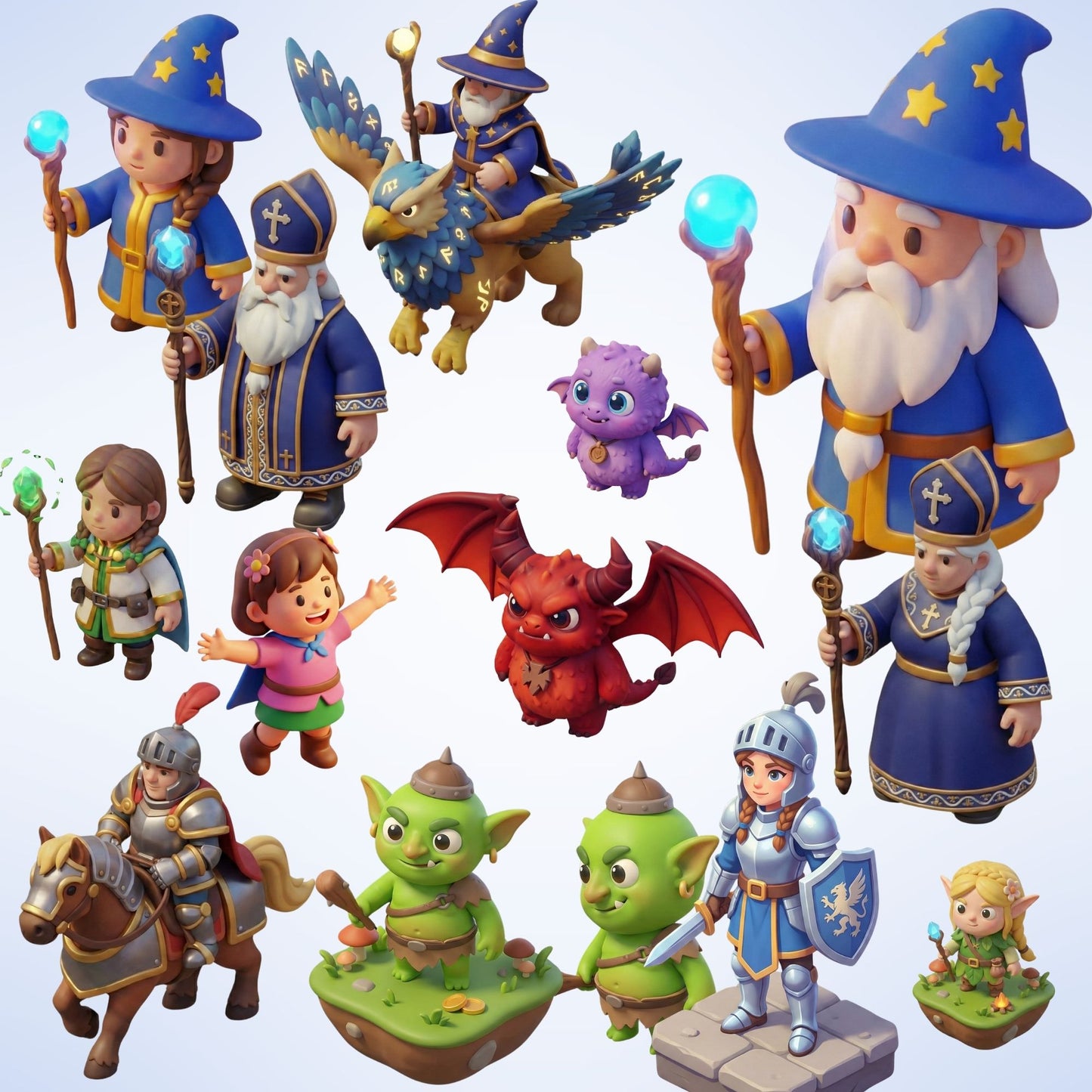 Cartoon Fantasy Characters 3D Clipart PNG Bundle – 50 Wizards, Dragons, Knights & Kids for Storytelling