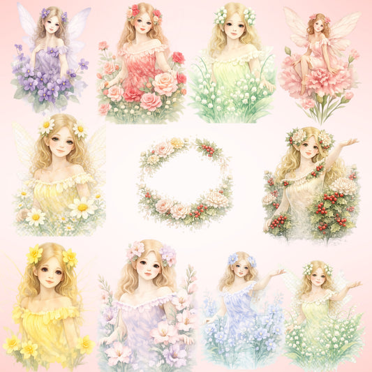 Birth Flower Fairy Clipart – 54 Watercolor PNGs for All 12 Months – Zodiac Floral Fairies, Birthday & Nursery Art