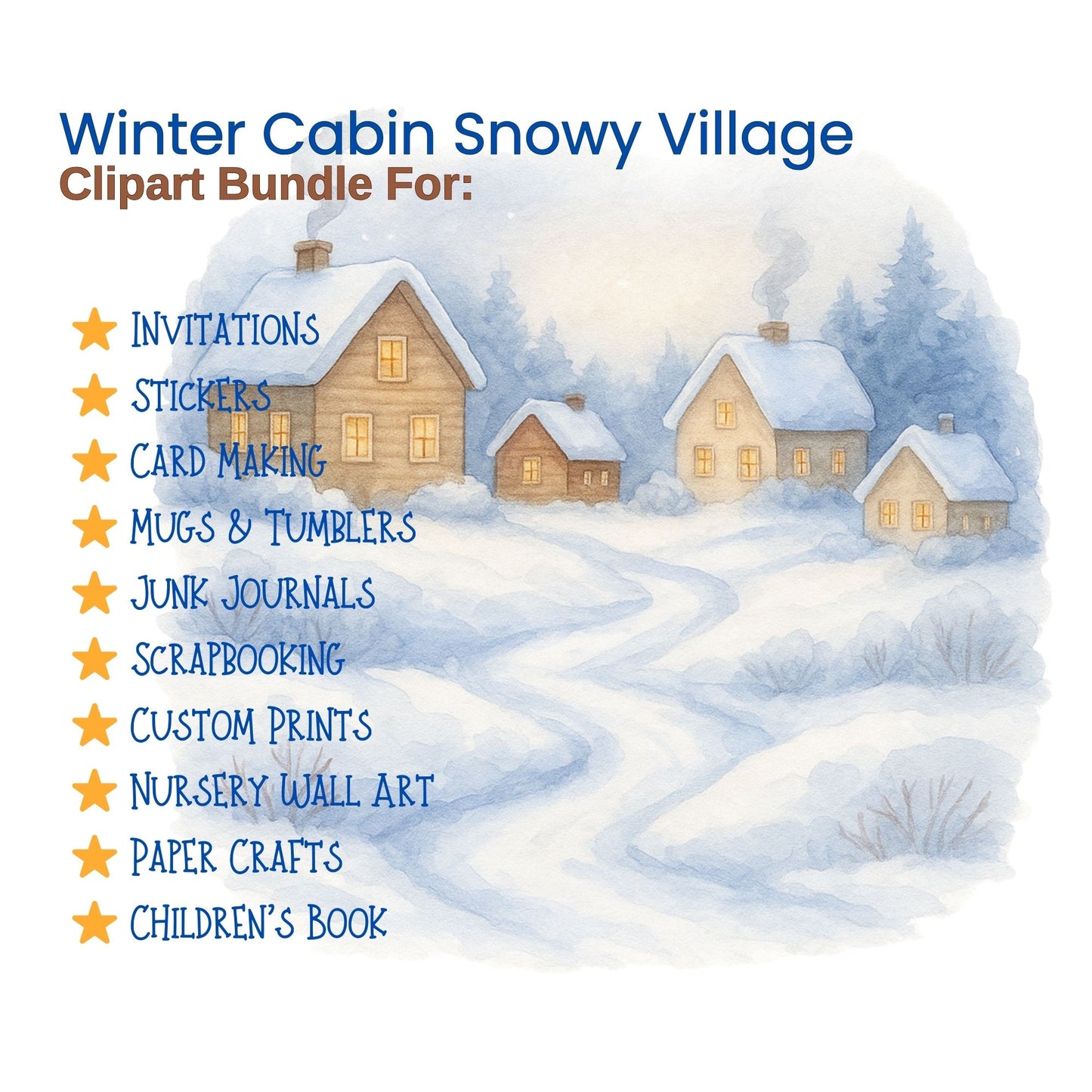Winter Village Watercolor Clipart – Cozy Cabin Snow PNG Bundle, Rustic Christmas Winter Scenes (53 Files)