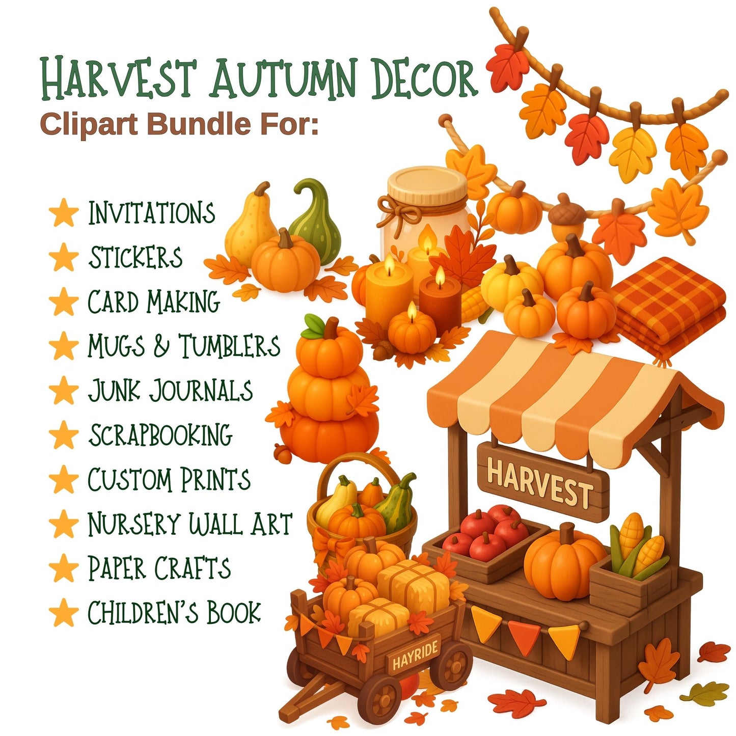 Autumn Decor Clipart | Harvest Fall PNG | Pumpkins Porch Decor | 3D Cozy Autumn Clipart | 54 PNG Digital Download