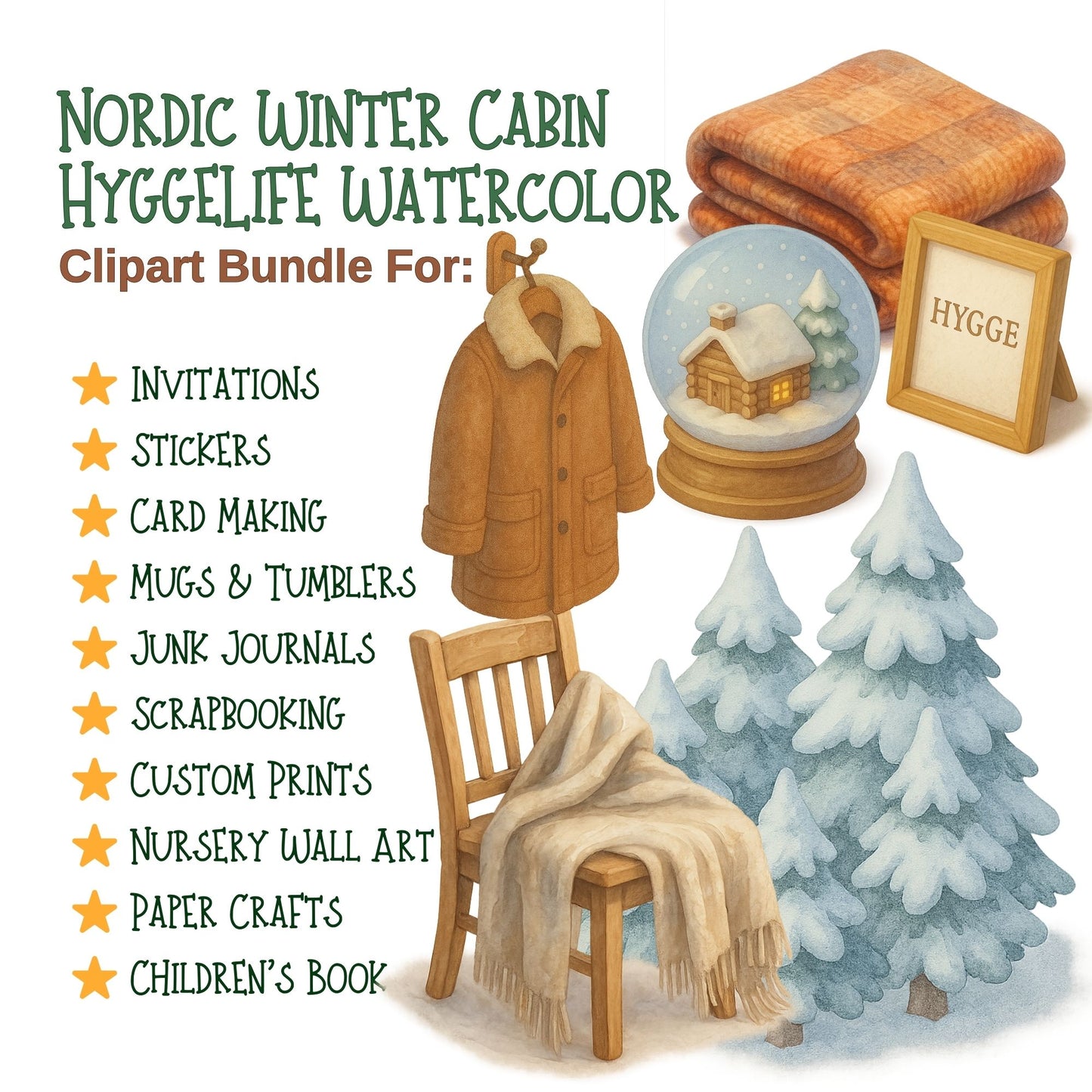 Nordic Winter Hygge Clipart – Cozy Cabin Watercolor PNG Bundle | Scandinavian Winter, Candles, Tea, Slippers (57 Files)