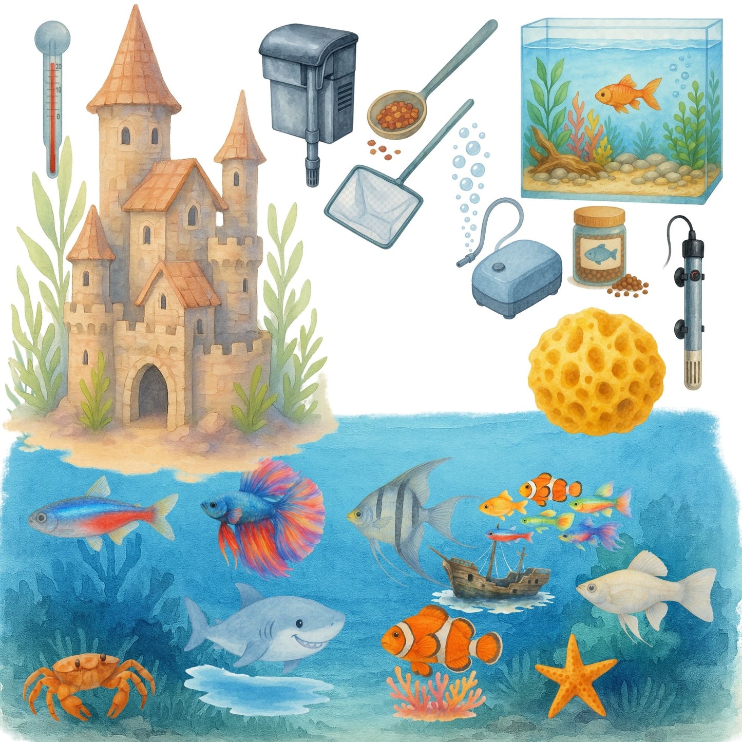 Watercolor Aquarium Clipart Bundle – Fish & Tank PNG, Under the Sea Animals, Kids Ocean Graphics, Educational Fish Art, 51 PNG
