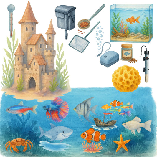 Watercolor Aquarium Clipart Bundle – Fish & Tank PNG, Under the Sea Animals, Kids Ocean Graphics, Educational Fish Art, 51 PNG