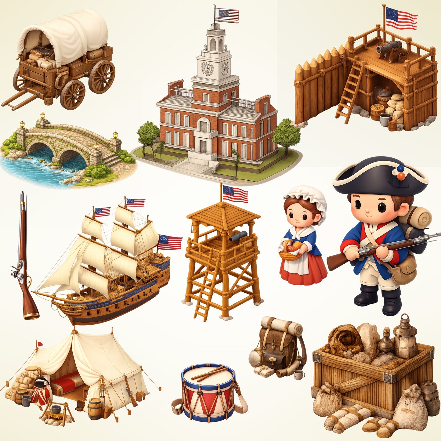 American Revolution Clipart Bundle – Colonial Soldiers, Flags & Camps PNG, US History Classroom Graphics, Educational 3D Art, 59 PNG