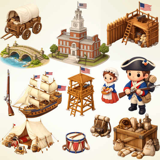 American Revolution Clipart Bundle – Colonial Soldiers, Flags & Camps PNG, US History Classroom Graphics, Educational 3D Art, 59 PNG