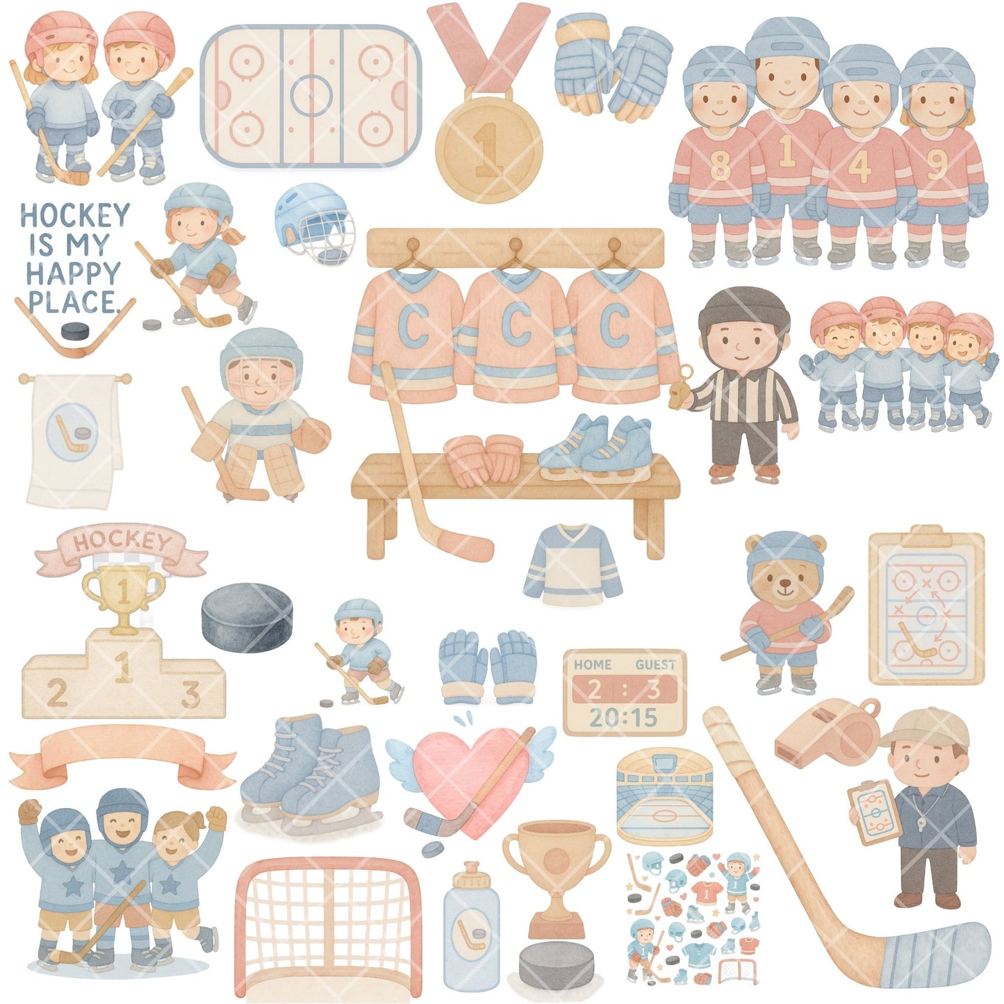 Ice Hockey Watercolor Clipart, Kids Hockey PNG Bundle, Cute Sports Illustrations, Pastel Hockey Players & Gear