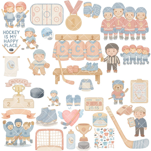 Ice Hockey Watercolor Clipart, Kids Hockey PNG Bundle, Cute Sports Illustrations, Pastel Hockey Players & Gear