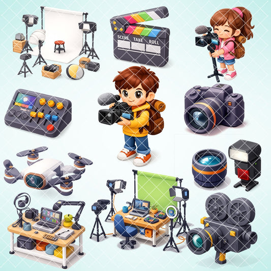 Photographer and Videographer PNG Clipart, Camera & Video Creator Graphics, Studio Equipment Art, Digital Stickers, Commercial Use, 50 PNG