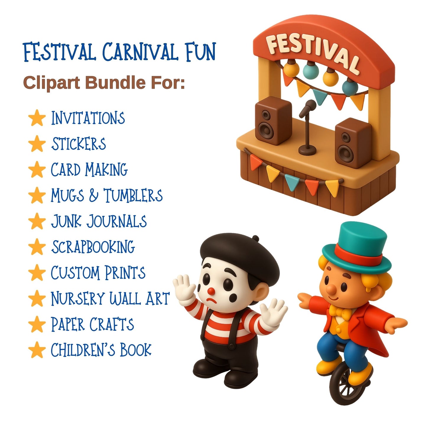 Carnival Clipart Set – 3D Circus & Fairground PNGs | Festival Fun Clipart, Kids Party Graphics, Digital Download (53 Files)