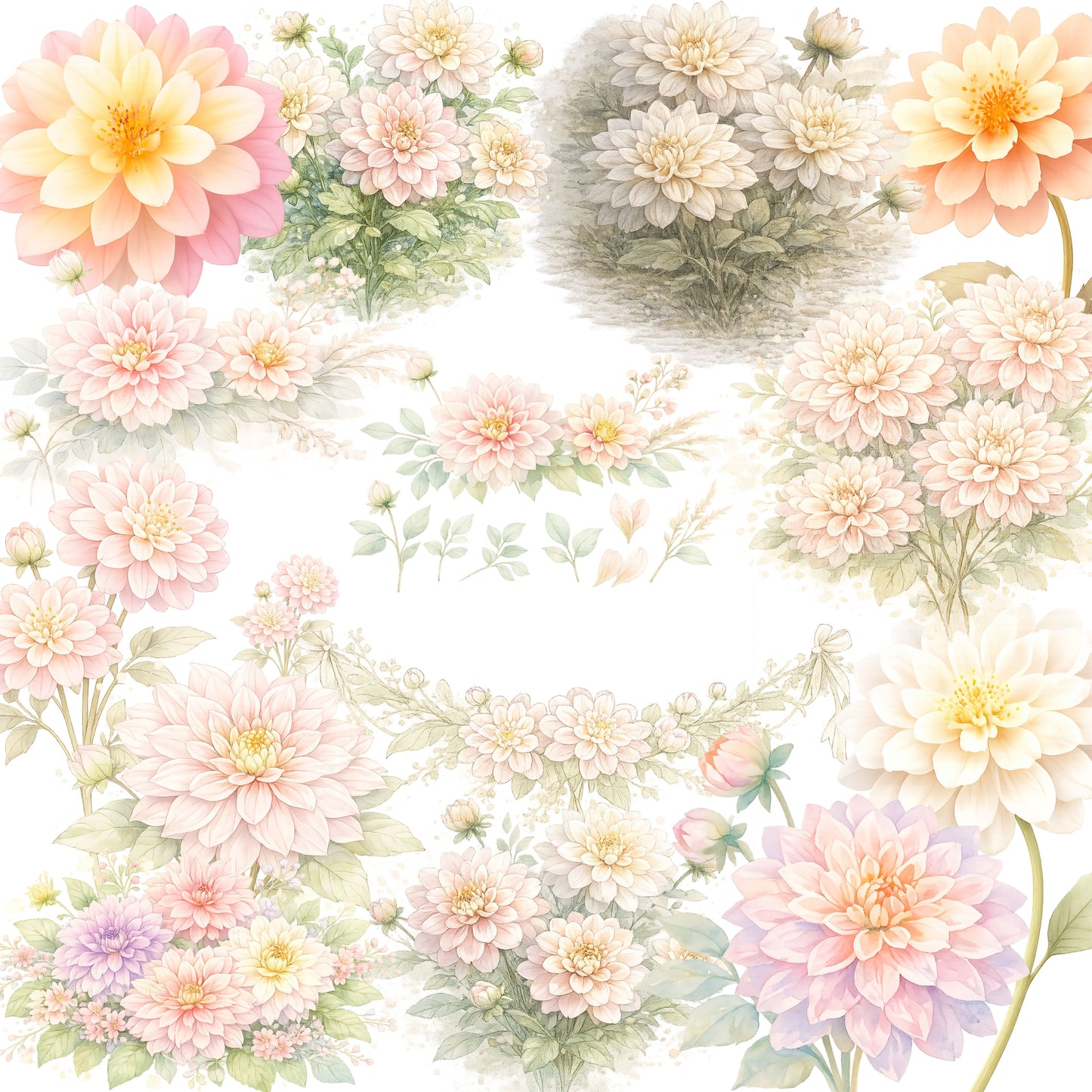 Dahlia Watercolor Clipart – 55 Pastel Floral PNG Files – Romantic Dahlia Bouquets & Garden Flowers