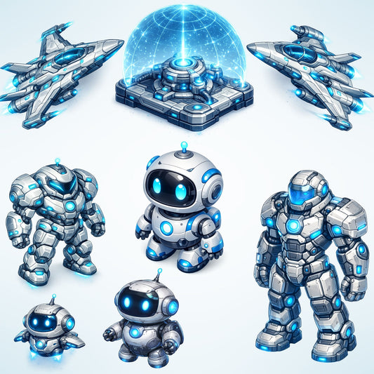 Sci-Fi Gadgets 3D Clipart PNG Bundle – 50 Futuristic Robots, Drones & AI Tech Graphics for Games
