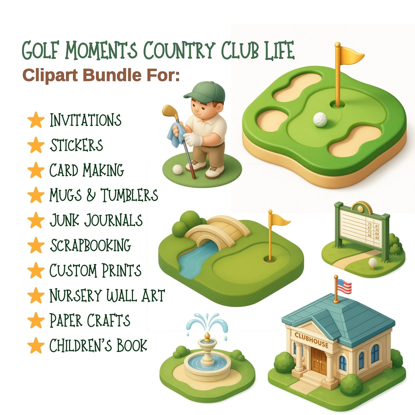 Golf 3D Clipart PNG | Isometric Golf Illustrations | Country Club Clipart | Sports PNG Bundle | Commercial Use