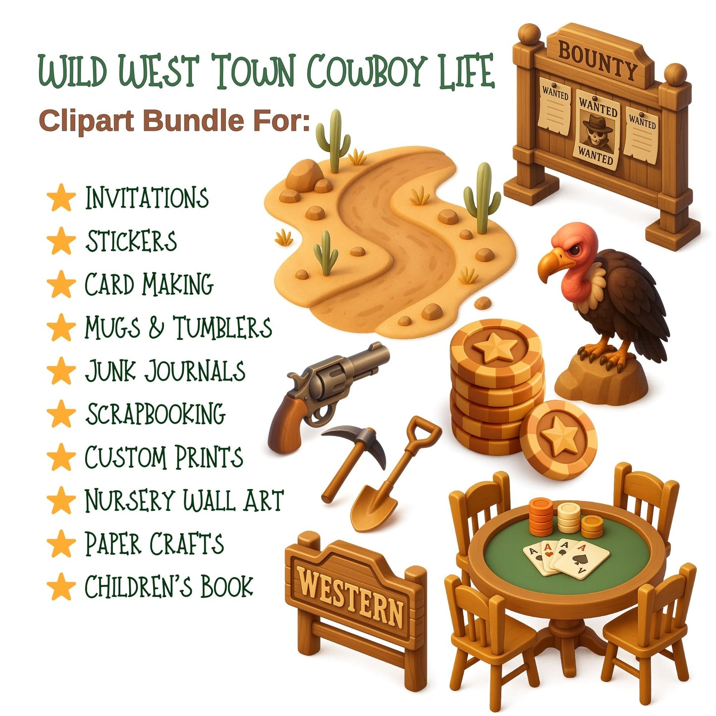 Wild West Clipart PNG – Cowboy Town, Horses & Western Props | Western Illustrations Bundle (68 Files)