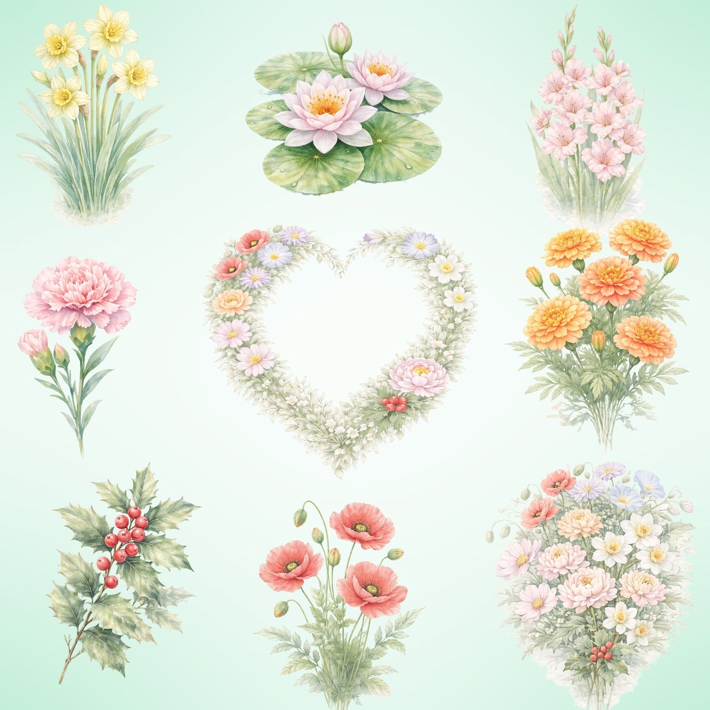 Birth Flower Clipart – 55 Watercolor Floral PNG Files – Monthly Birth Flowers for Nursery, Posters & Crafts